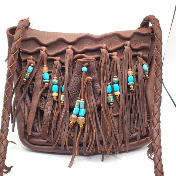Soft Brown Leather Shoulder Bag Fringe Purse Boho Western Handbag Turquoise SW - Picture 1 of 13